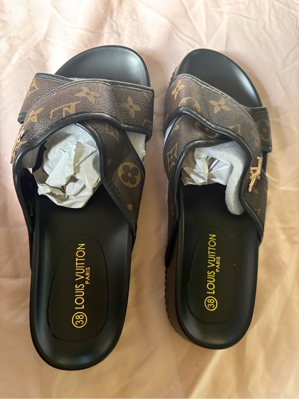 Louis Vuitton Monogram Adjustable Slide Sandals in Brown